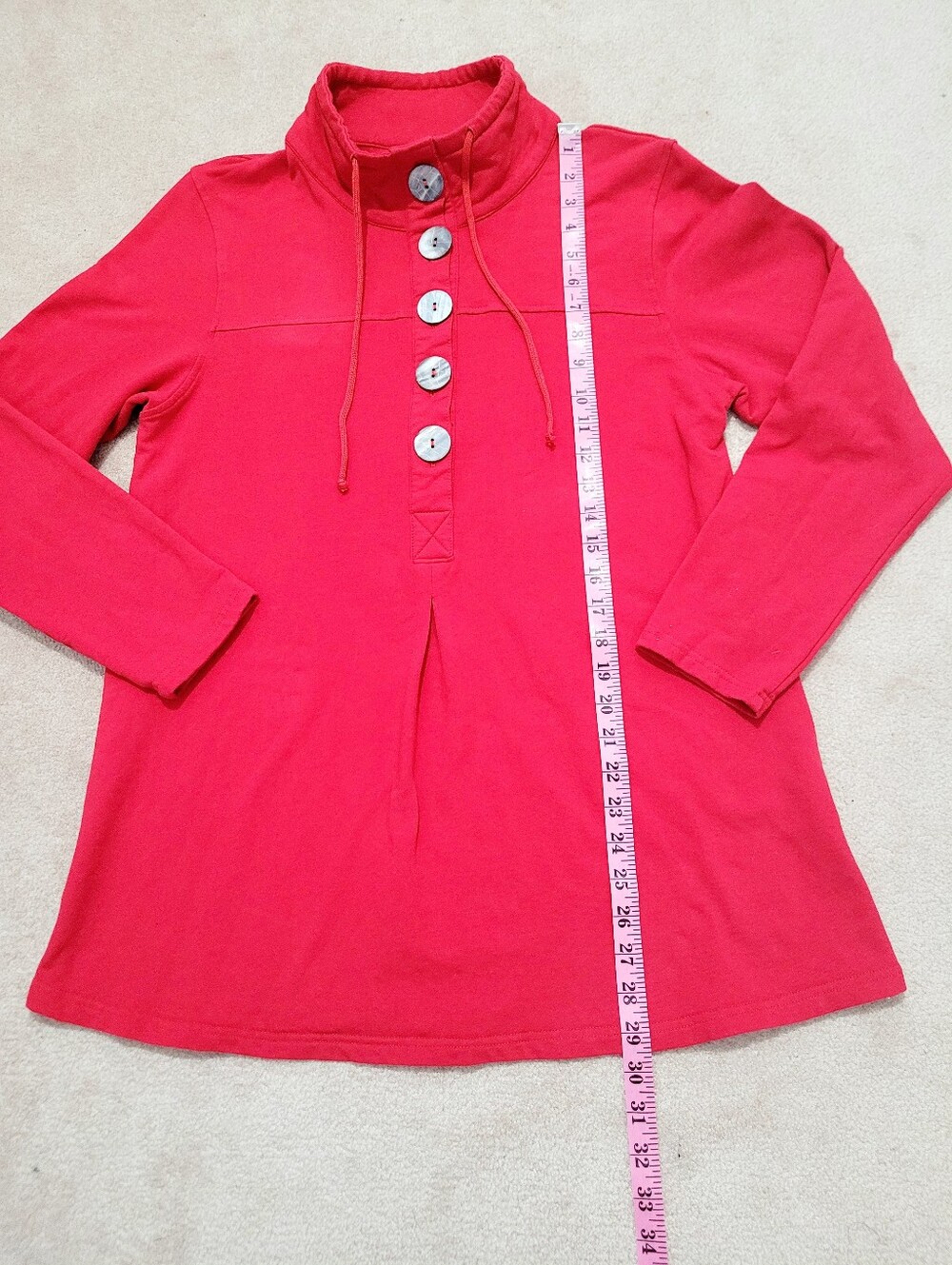 Lulu-B Red Tunic Top Size Medium Button Neck Long Sleeve Stretch Cotton Pullover - Picture 11 of 12